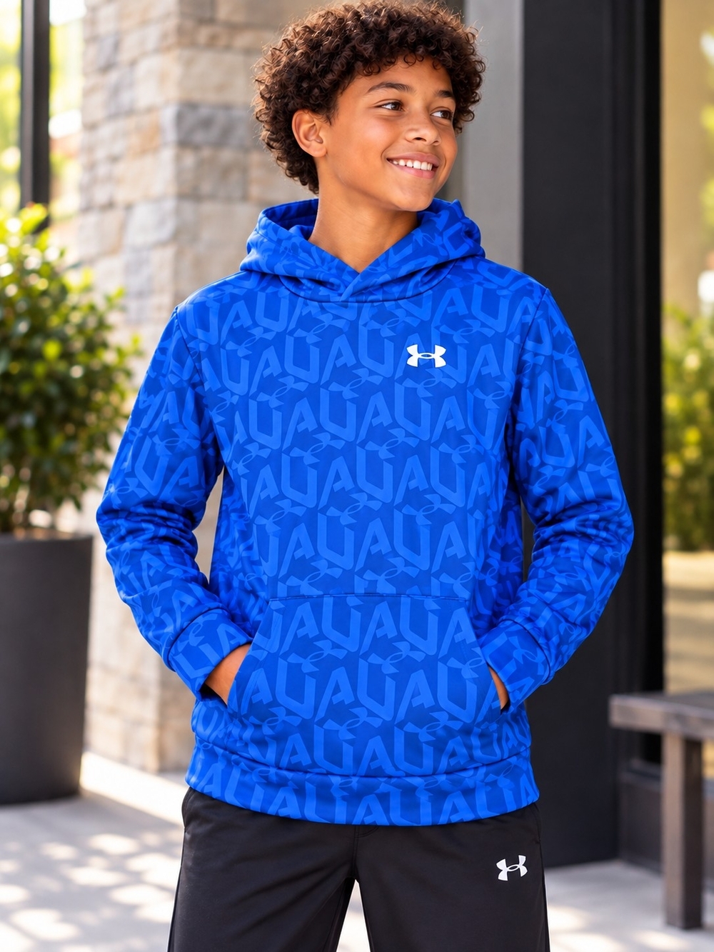 Under Armour Boys Youth XL Blue All Over Logo Pullover Hoodie - Picture 2 of 11